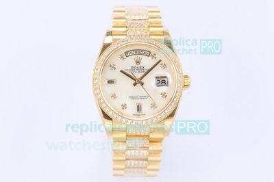 EW Swiss Rolex President Day-Date Diamond Watch 36MM Square Diamonds at 6 & 9 o'clock